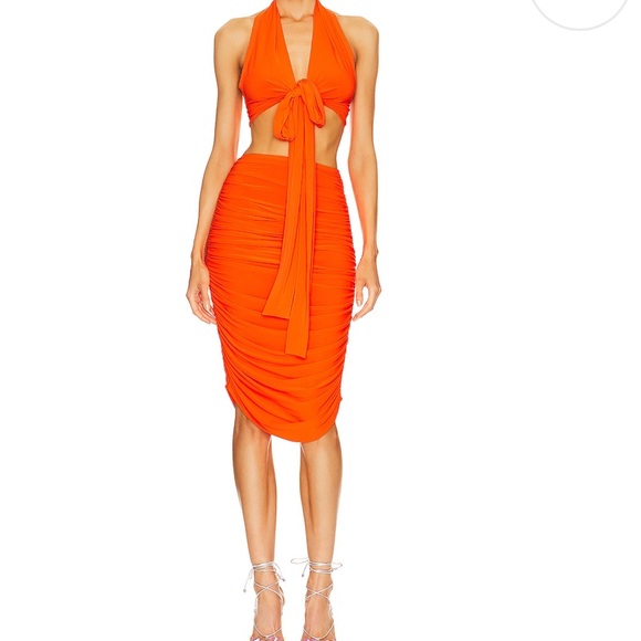 Norma Kamali Bright Orange Shirred Skirt w Halter Wrap Top. NEVER WORN. - Picture 9 of 9